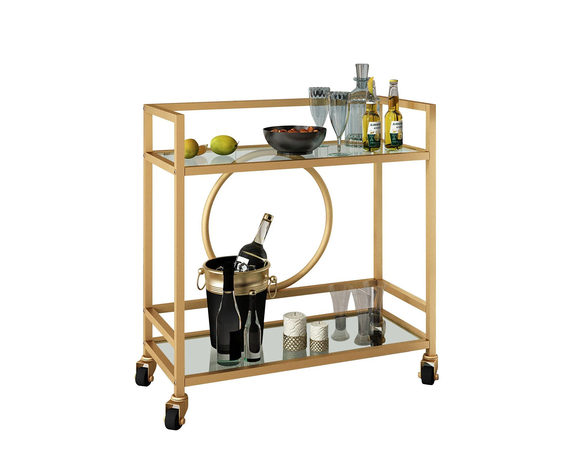 Gold Bar Cart Trolley Serving Drink Coffee Liquor Tea Wine Cocktail Alcohol Whiskey Trolly Rolling Mobile Metal Wheels 2 Tiers Tempered Glass