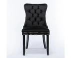 2x Velvet Dining Chairs Upholstered Tufted Kithcen Chair with Solid Wood Legs Stud Trim and Ring-Black