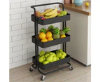 Viviendo 3 Tier Organiser Storage Trolley in Carbon Steel & Plastic with Omnidirectional Wheels and Metal Frame - Black - With Handle
