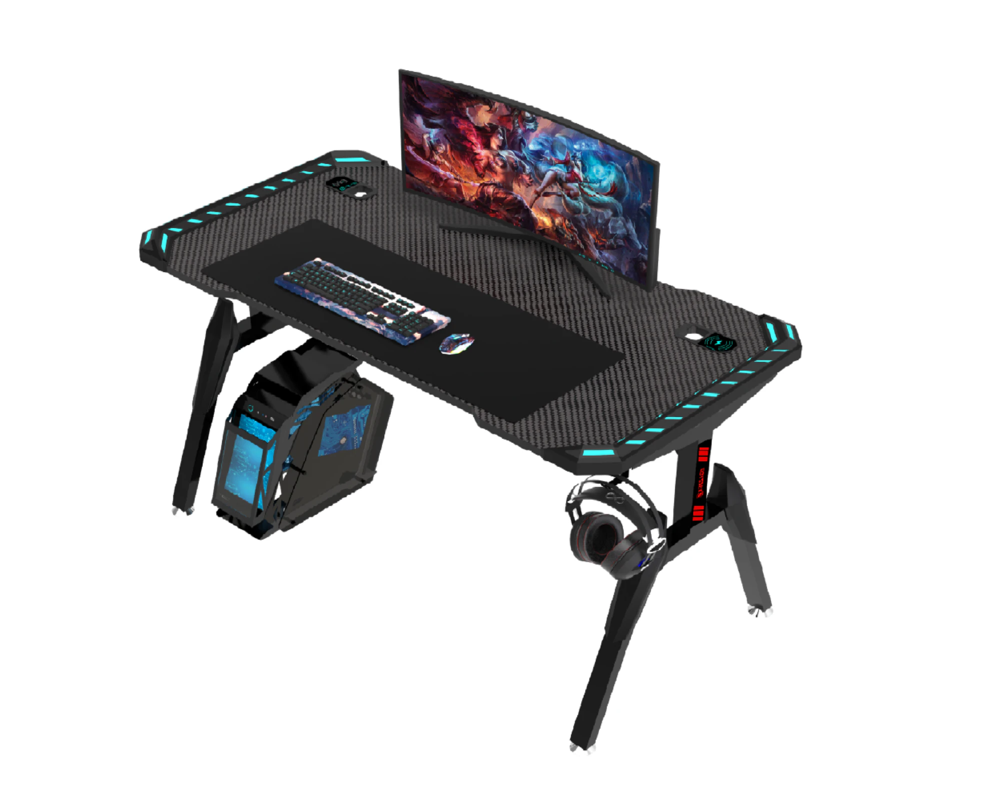 Odyssey8 1.2m Gaming Desk Office Table Desktop with LED Feature Light and USB & Wireless Charger - Black