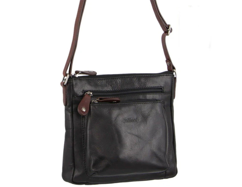 Milleni Nappa Leather Cross Body Bag w/ Adjustable Shoulder strap in Black-Chestnut