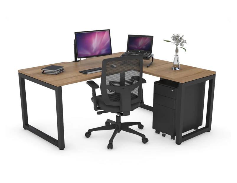 Quadro Loop Leg L-Shaped Corner Office Desk [1800L x 1550W with Cable Scallop] - black leg, salvage oak, none