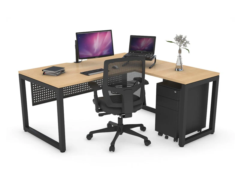 Quadro Loop Leg L-Shaped Corner Office Desk [1800L x 1550W with Cable Scallop] - black leg, maple, black modesty