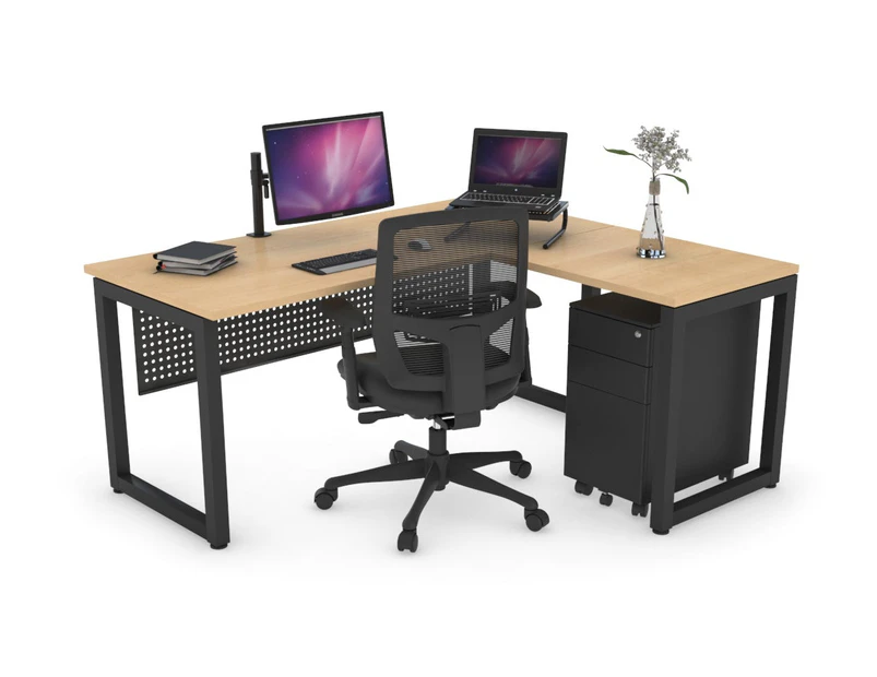 Quadro Loop Leg L-Shaped Corner Office Desk [1800L x 1450W] - black leg, maple, black modesty