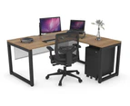 Quadro Loop Leg L-Shaped Corner Office Desk [1800L x 1550W with Cable Scallop] - black leg, salvage oak, white modesty