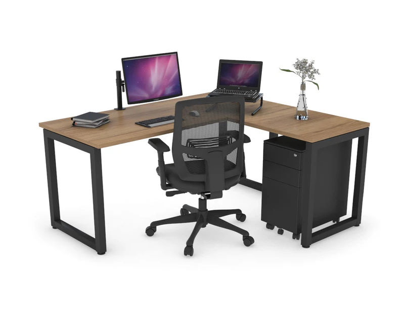 Quadro Loop Leg L-Shaped Corner Office Desk [1800L x 1450W] - black leg, salvage oak, none