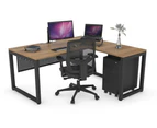 Quadro Loop Leg L-Shaped Corner Office Desk [1800L x 1550W with Cable Scallop] - black leg, salvage oak, black modesty