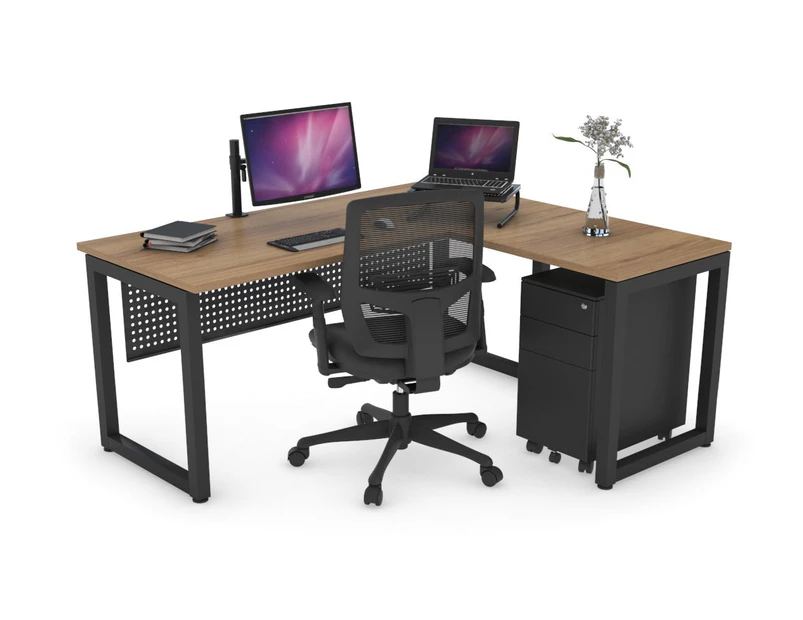 Quadro Loop Leg L-Shaped Corner Office Desk [1800L x 1450W] - black leg, salvage oak, black modesty