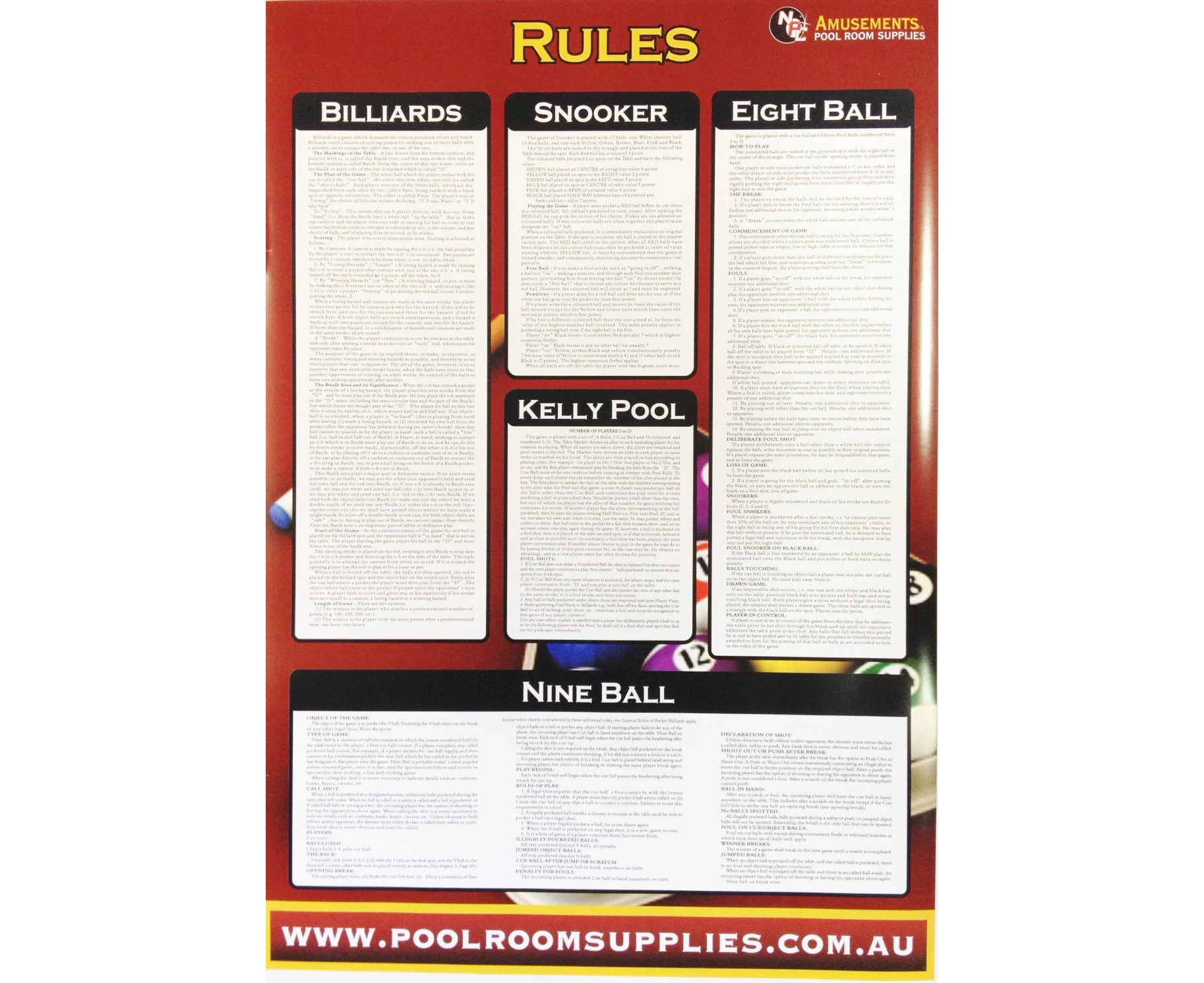 Pool Snooker Billiard Eight Ball Devils Pool American Pool Table RULE BOOK CHART POSTER