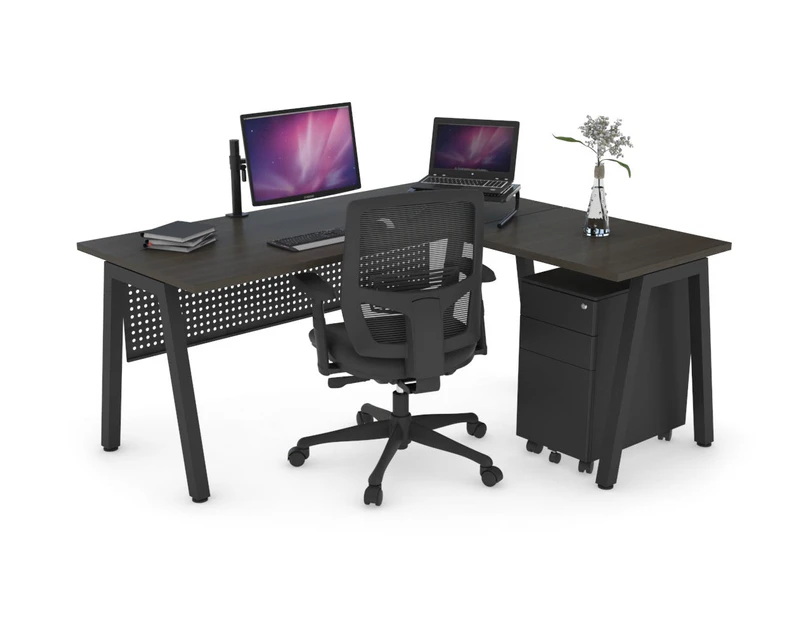 Quadro A Leg L-Shaped Corner Office Desk [1800L x 1700W] - black leg, dark oak, black modesty
