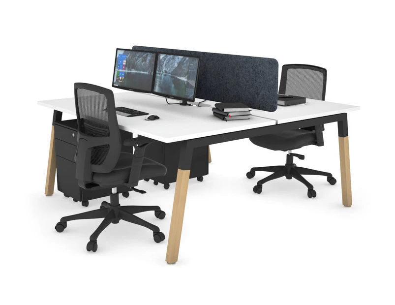 Quadro A Leg 2 Person Office Workstations - Wood Leg Cross Beam [1600L x 800W with Cable Scallop] - black leg, white, dark grey echo panel (400H x 1600W)