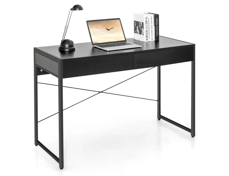 Giantex Home Office Computer Desk Study Writing Table w/ Steel Frame & 2 Drawers PC Storage Desk Black