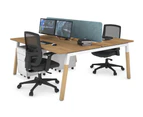Quadro A Leg 2 Person Office Workstations - Wood Leg Cross Beam [1600L x 800W with Cable Scallop] - white leg, salvage oak, blue echo panel (400H x 1600W)