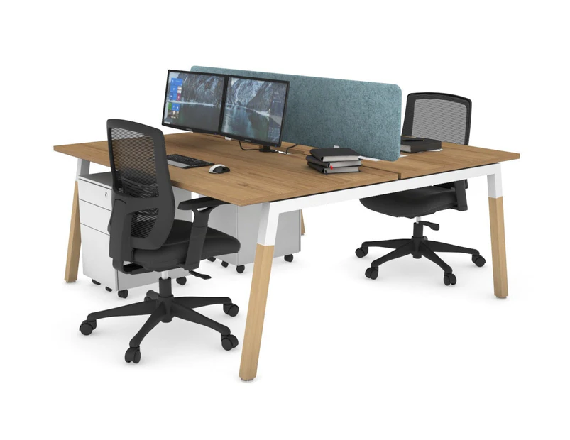 Quadro A Leg 2 Person Office Workstations - Wood Leg Cross Beam [1600L x 800W with Cable Scallop] - white leg, salvage oak, blue echo panel (400H x 1600W)
