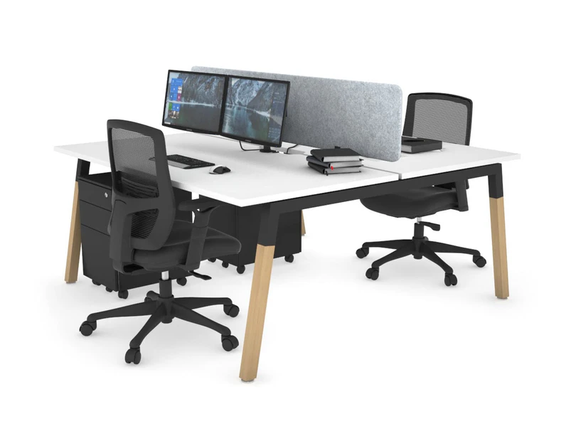 Quadro A Leg 2 Person Office Workstations - Wood Leg Cross Beam [1600L x 800W with Cable Scallop] - black leg, white, light grey echo panel (400H x 1600W)