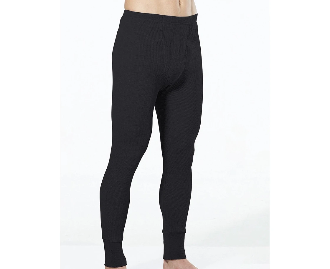 Thermo Fleece Mens Thermal Long John Tights Baselayer Cotton Blend Pants - Black