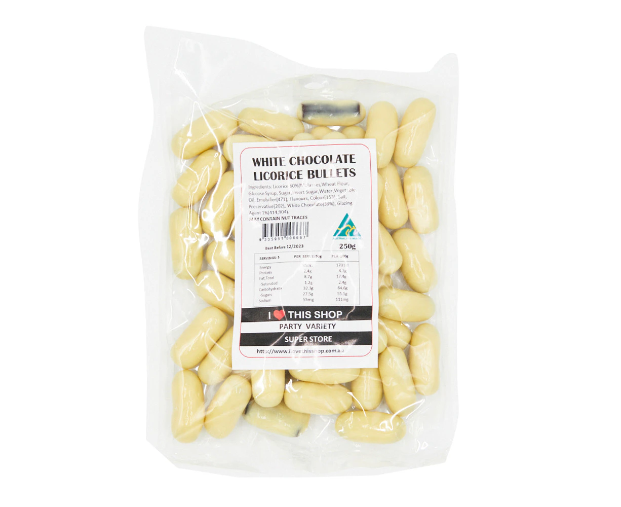 250g White Chocolate Licorice Bullets