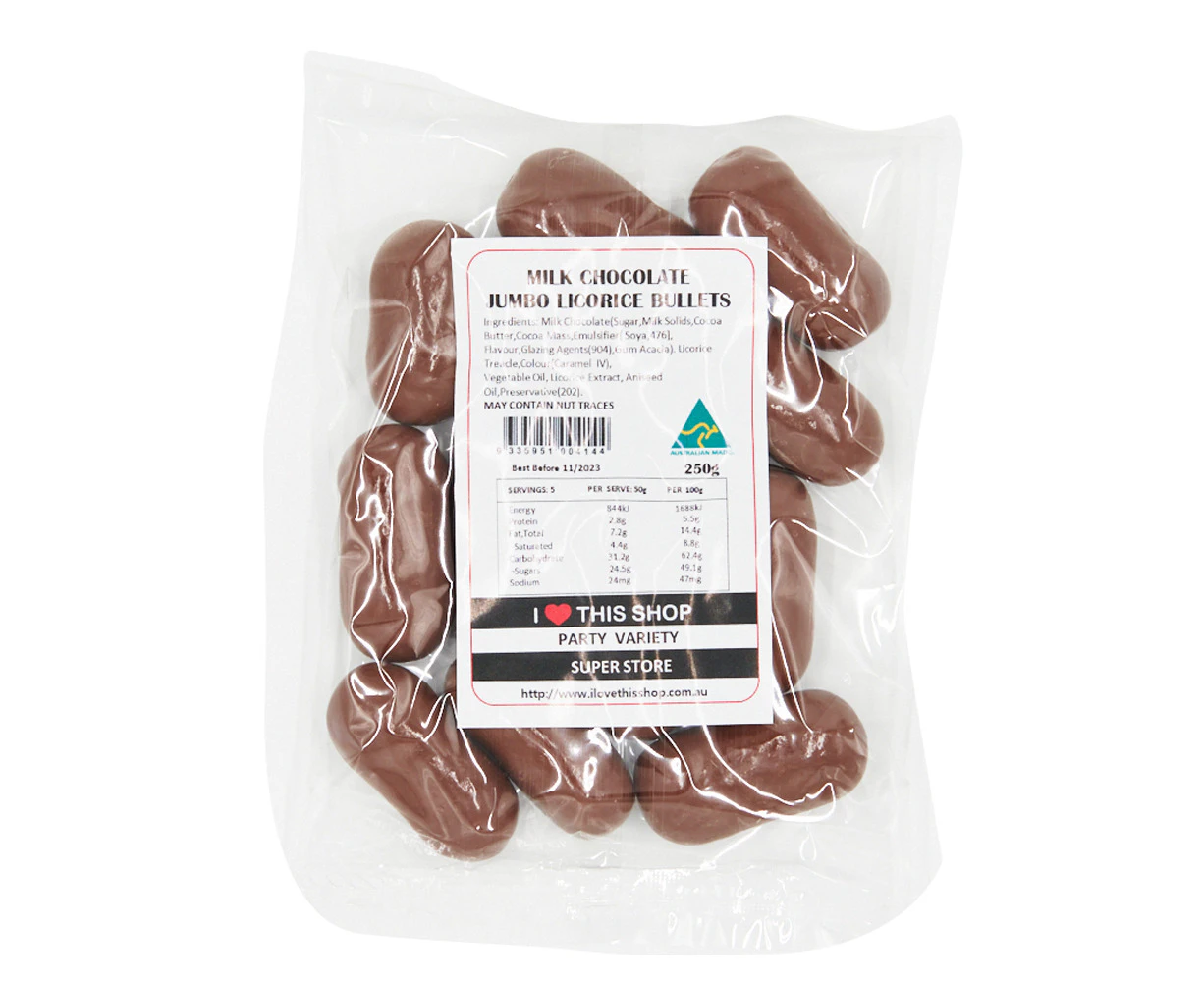 250g Milk Chocolate Jumbo Licorice Bullets