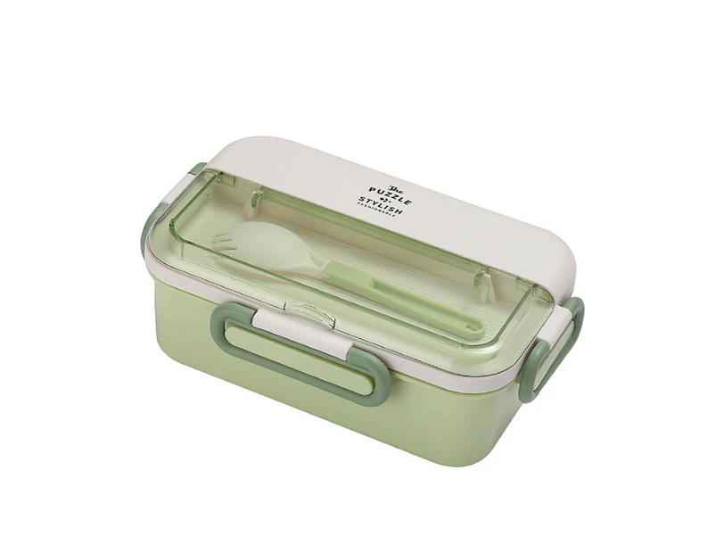 1.1L Lunch Box Sealed Compartment Large Capacity Microwavable Leak-proof Food Storage with Spoon Kids School Plastic Bento Container Office Worker-Green