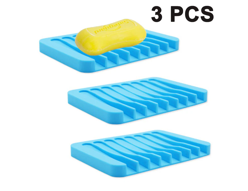 3pcs Soap Dish Shower Waterfall Soap Tray Soap Saver Soap Holder Drainer Flexible Silicone for Shower/Bathroom/Kitchen/Counter Top,Easy Cleaning-Blue