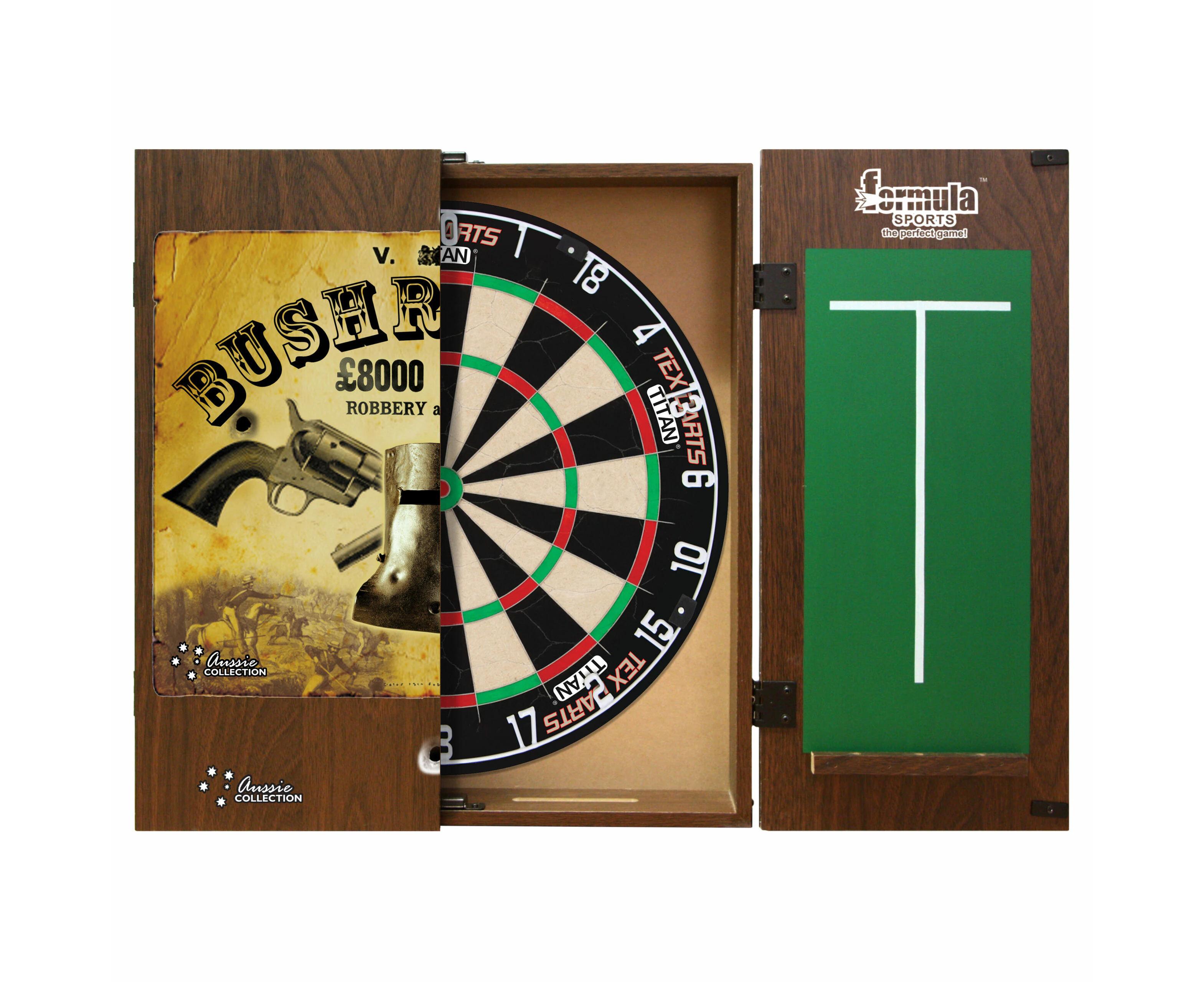 Tex Darts Titan Dart Board + Ned Kelly Bush Ranger Cabinet + Darts