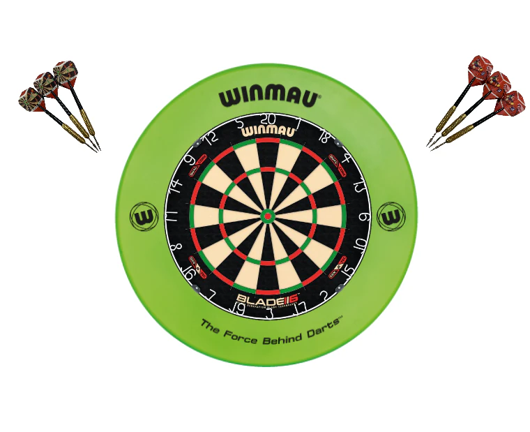 Winmau Blade 6 DUAL CORE Dart Board + Green Printed Dartboard Surround + Darts