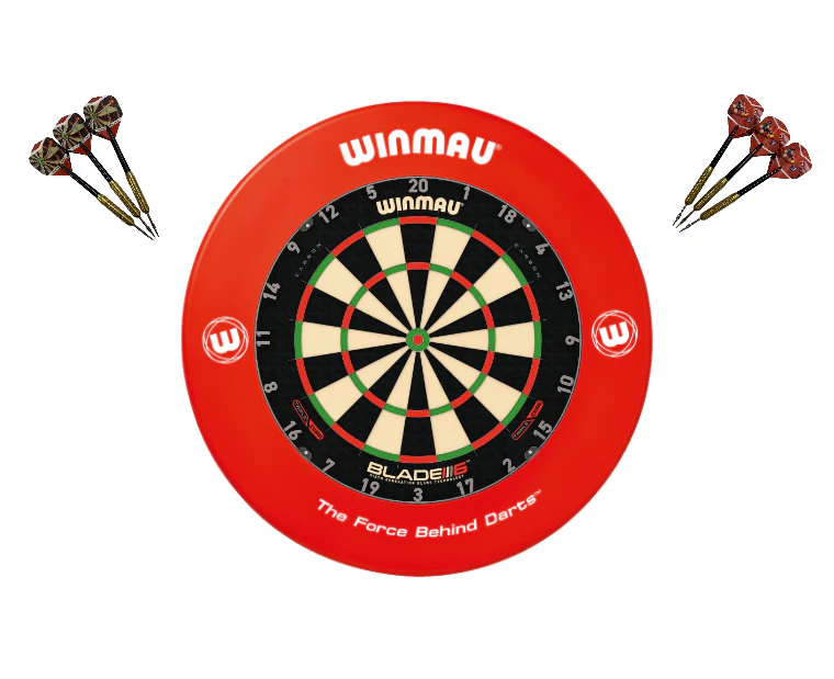 Winmau Blade 6 TRIPLE CORE Dart Board + Red Printed Dartboard Surround + Darts