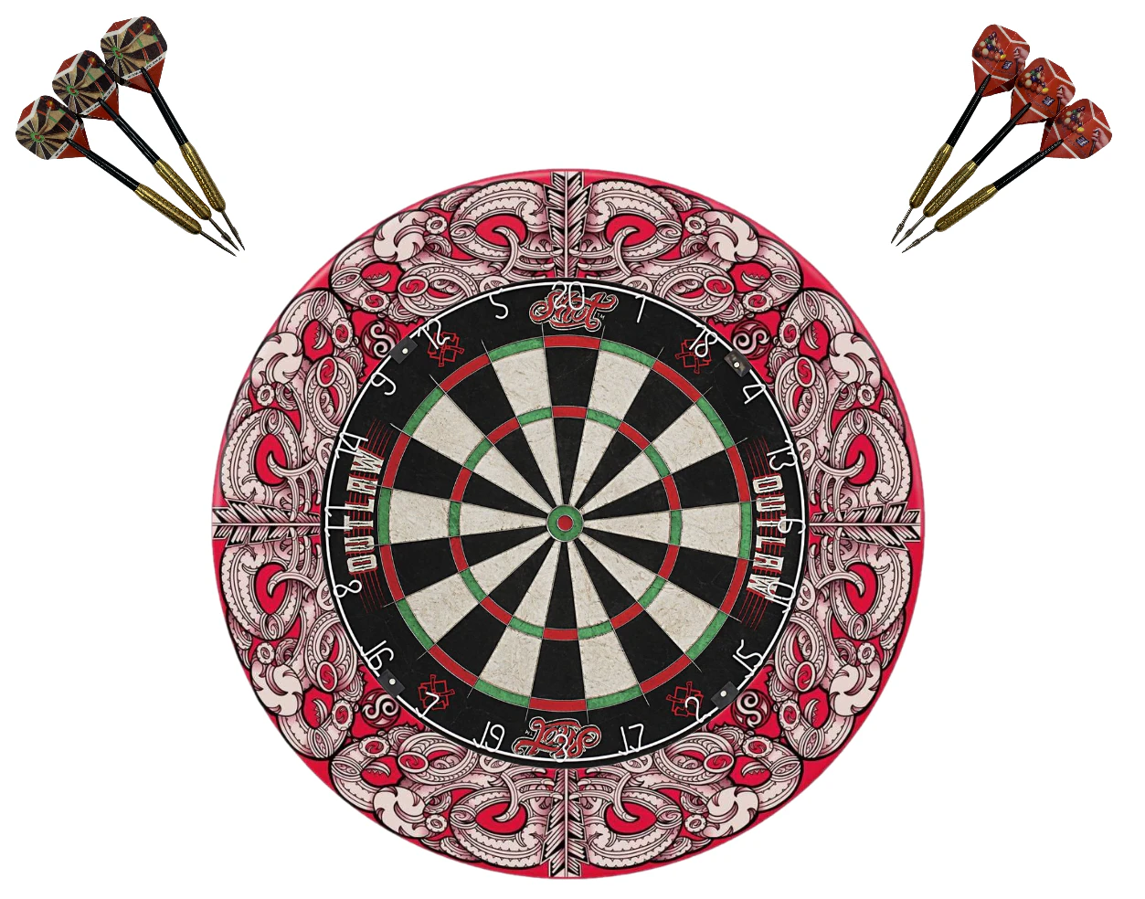 SHOT DARTS Outlaw Dartboard, Darts and Shot Darts Anthem Surround Set