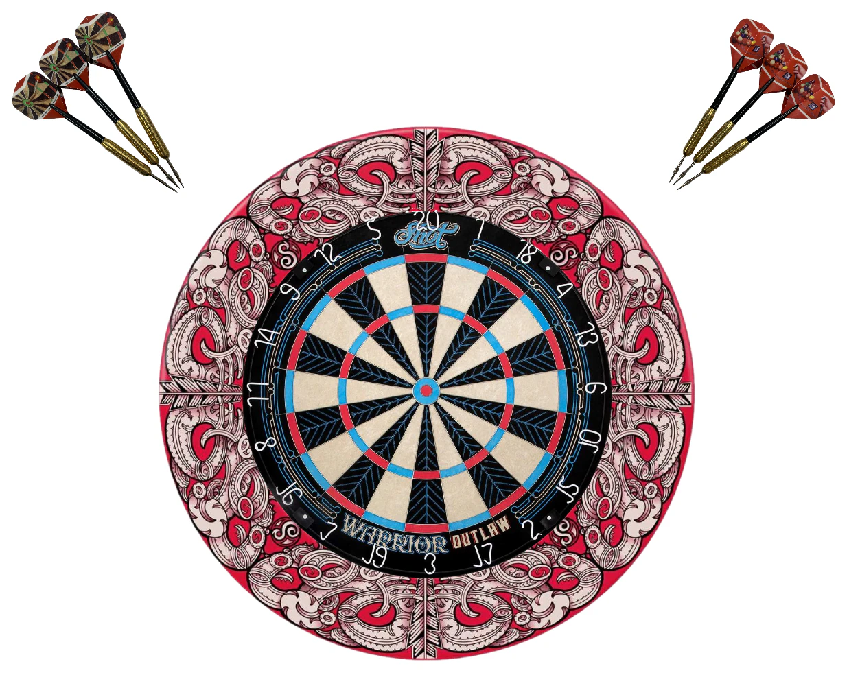 SHOT DARTS Warrior Outlaw Dartboard, Darts and Anthem Surround Set