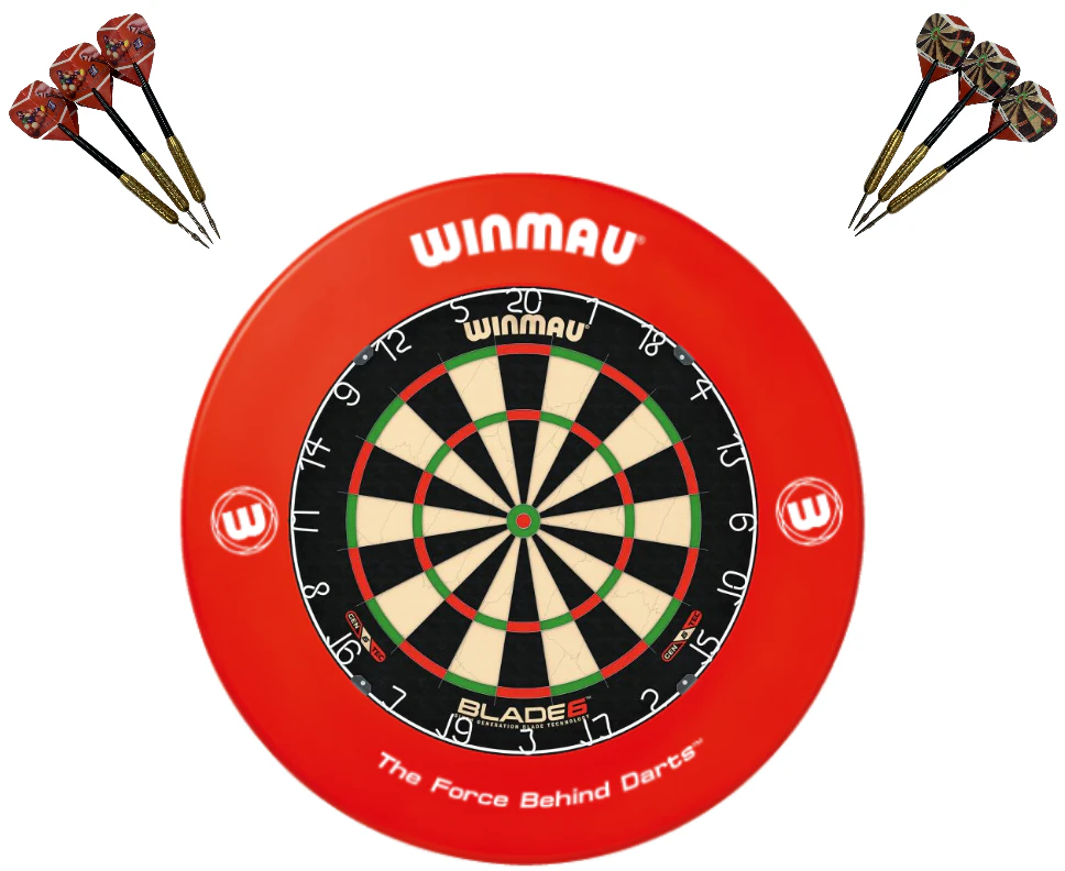 Winmau Blade 6 Dart Board + Red Printed Dartboard Surround + Darts Set