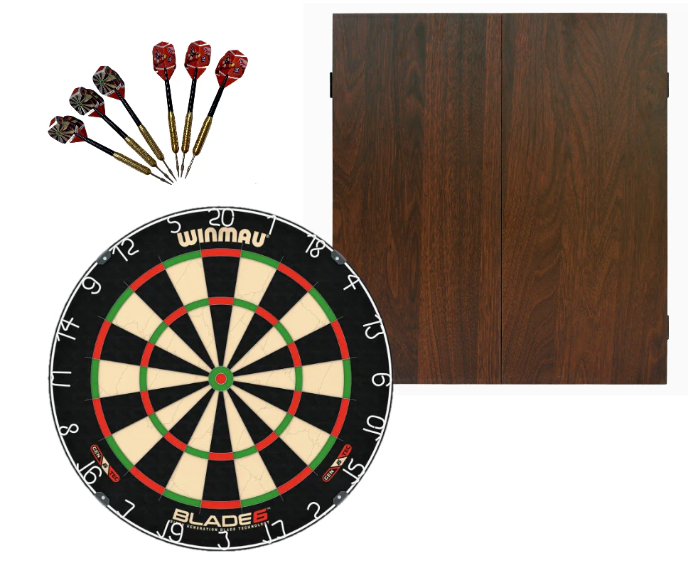 Winmau Blade 6 Dart Board + Walnut Dartboard Cabinet + Darts Set