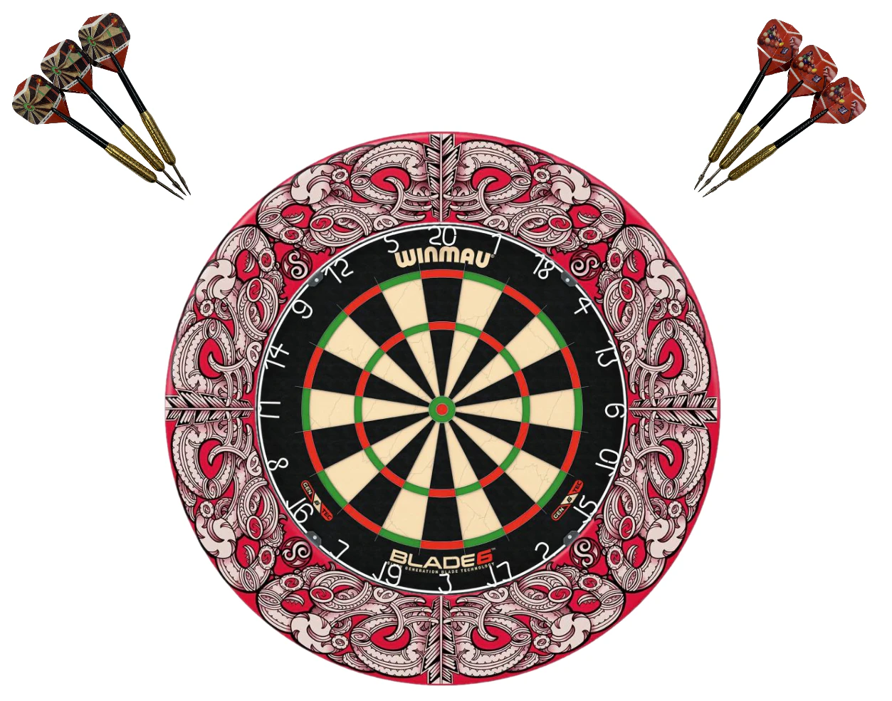 Winmau Blade 6 Dartboard, Darts and Shot Darts Anthem Surround Set