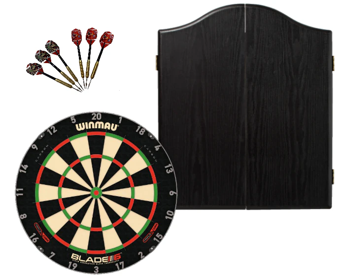 Winmau Blade 6 TRIPLE CORE Dart Board + Winmau Black Cabinet + Darts Set