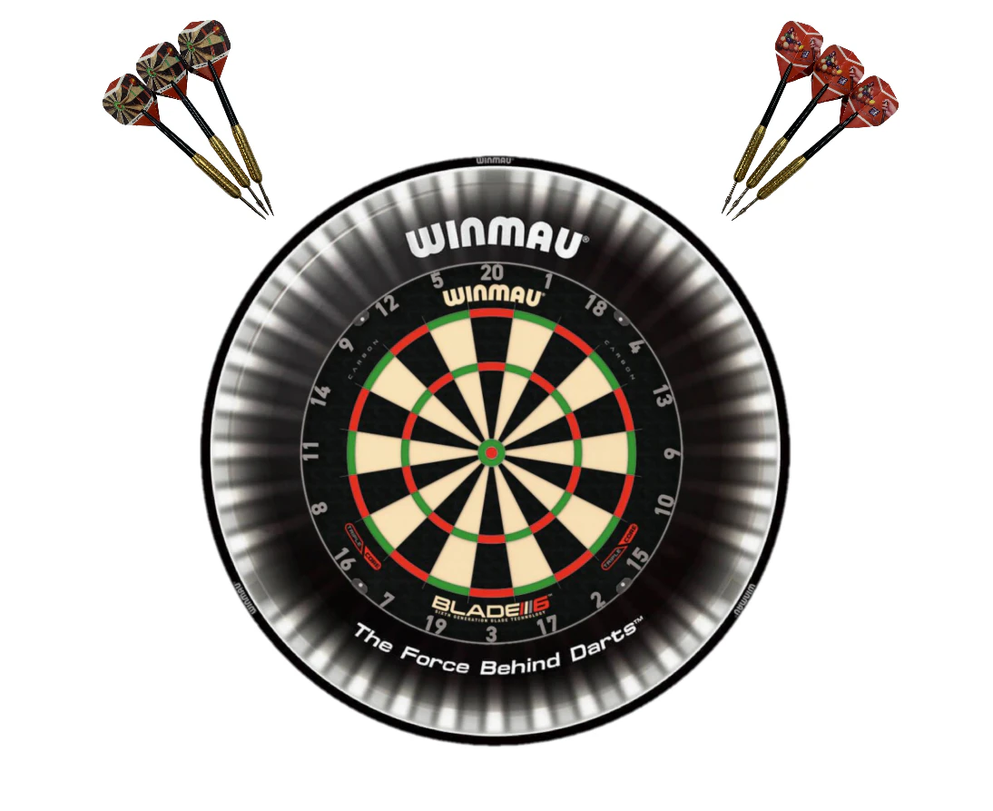 Winmau Blade 6 TRIPLE CORE Dart Board + Plasma Light + Black Surround + Darts