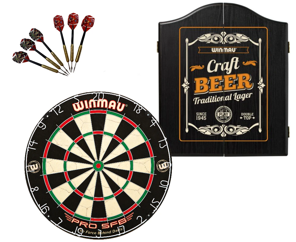 WINMAU PRO SFB Bristle Dart Board Set - Winmau Craft Beer Cabinet - 6 x Darts