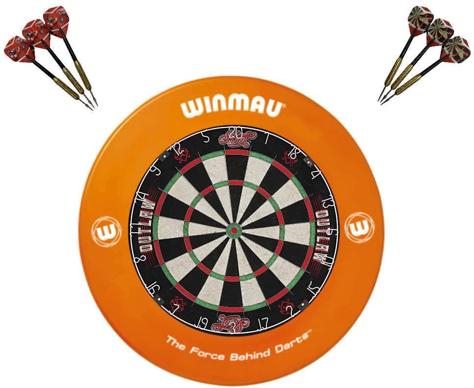 SHOT DARTS Outlaw Bristle Dart board + Winmau PRINTED ORANGE Dartboard Surround