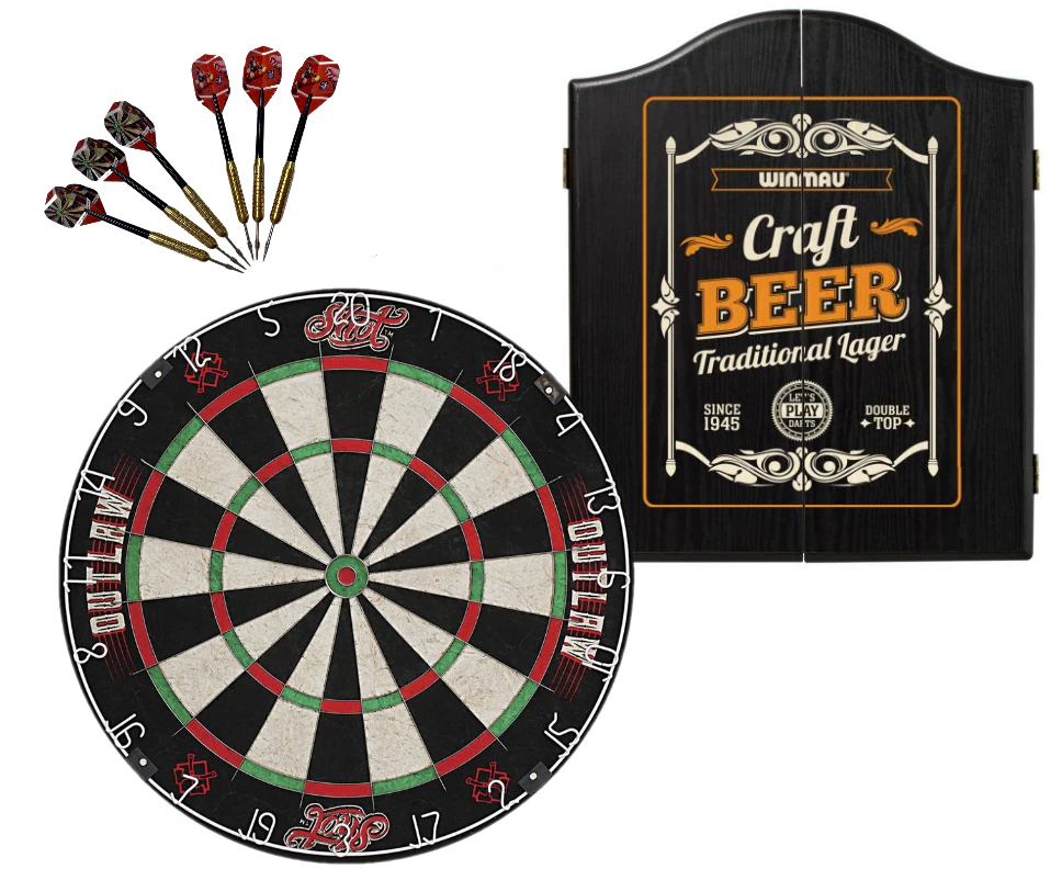 SHOT DARTS Outlaw Bristle Dartboard + Winmau BEER Cabinet + Darts