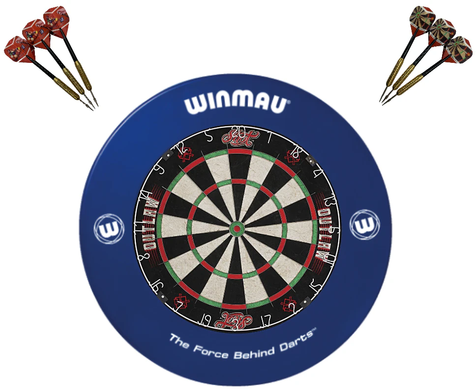 SHOT DARTS Outlaw Bristle Dart board + Winmau PRINTED BLUE Dartboard Surround