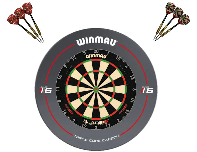 Winmau Blade 6 TRIPLE CORE Dart Board + BLADE 6 Dartboard Surround + Darts