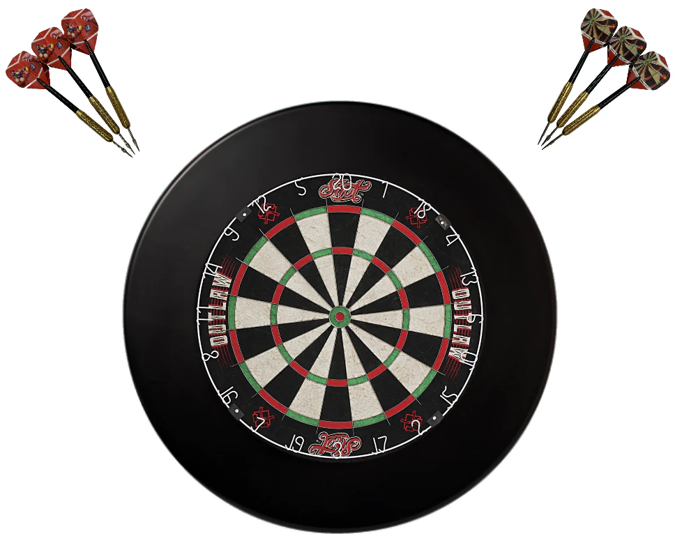 SHOT DARTS Outlaw Bristle Dart board + Winmau BLACK Dartboard Surround