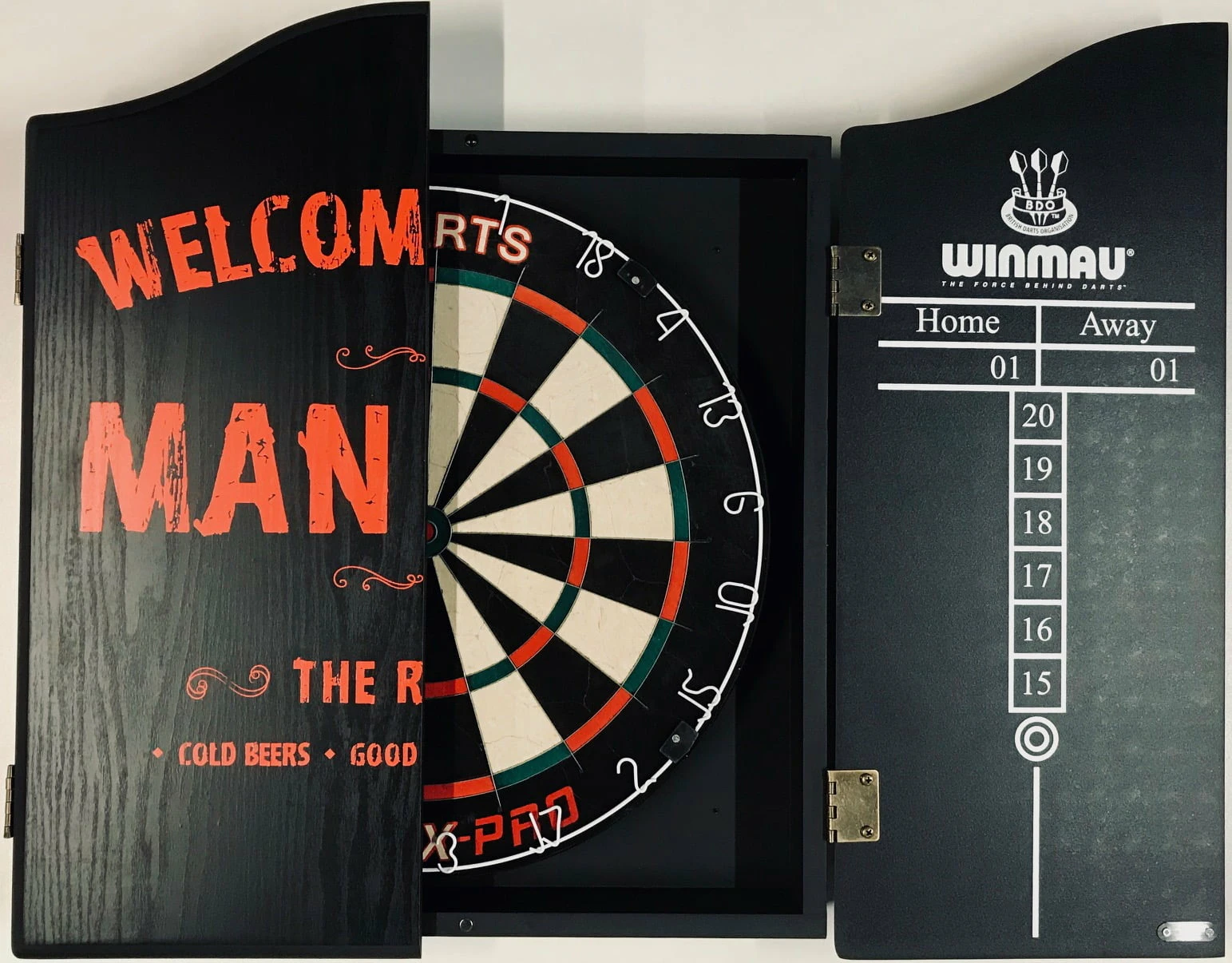 TEX PRO Dart Board Set Winmau Man Cave Cabinet + Darts