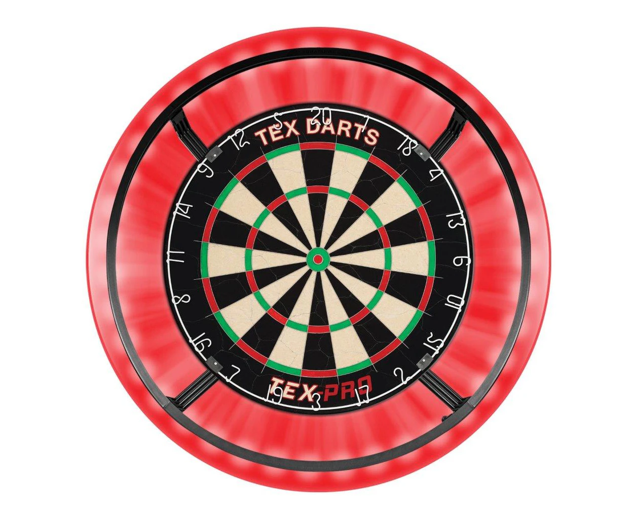 TEX Pro Genuine Bristle Dart Board + RED Dartboard Surround + Target Corona Light + Darts