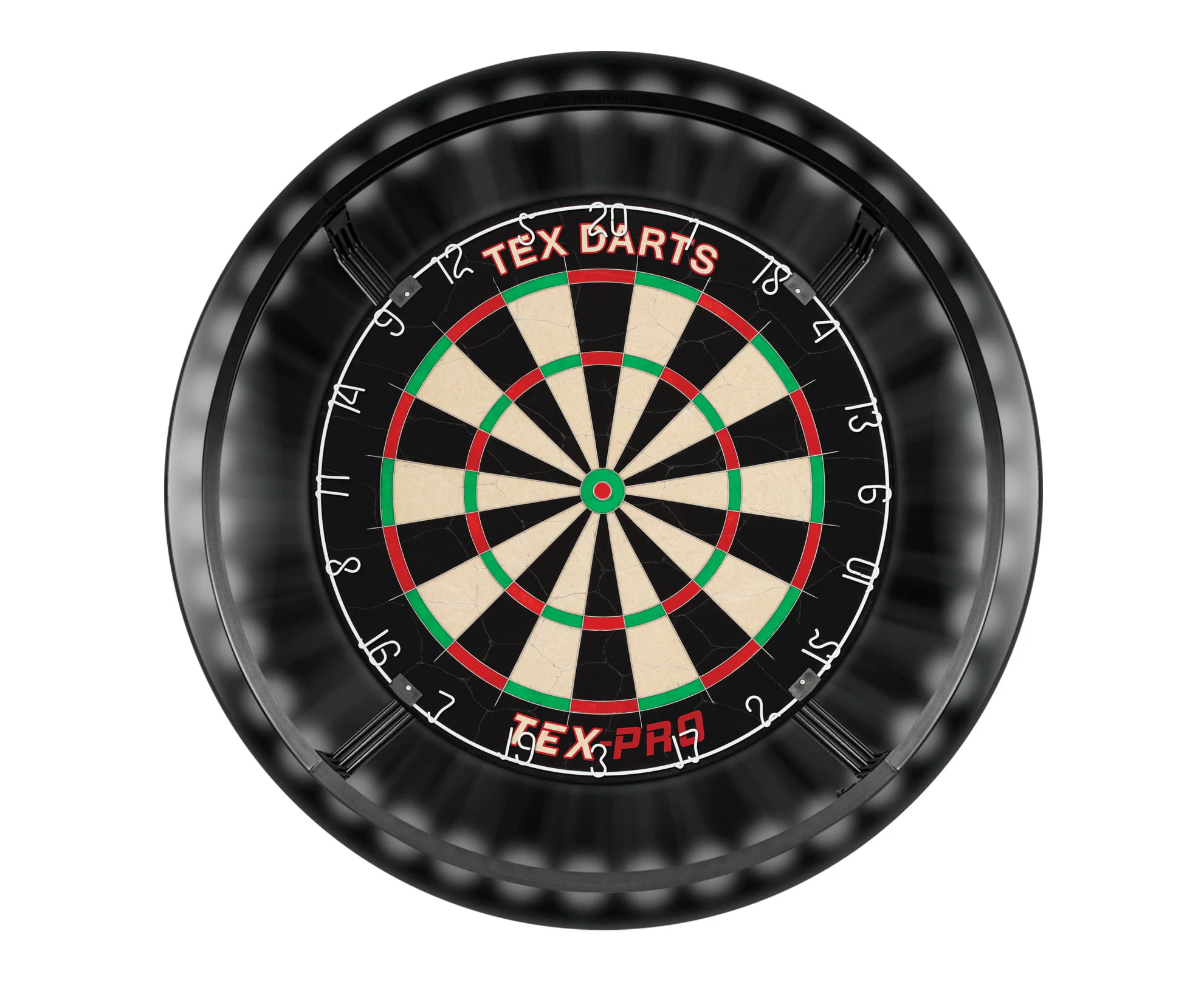 TEX Pro Genuine Bristle Dart Board and BLACK Dartboard Surround and Target Corona Light with Darts