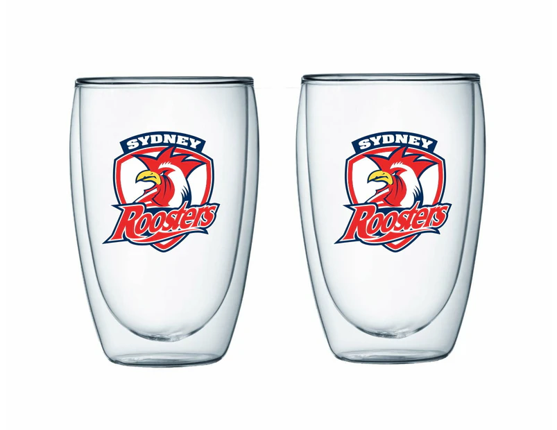 Sydney Roosters NRL Set of 2 Double Wall Glasses Tea Coffee Spirits