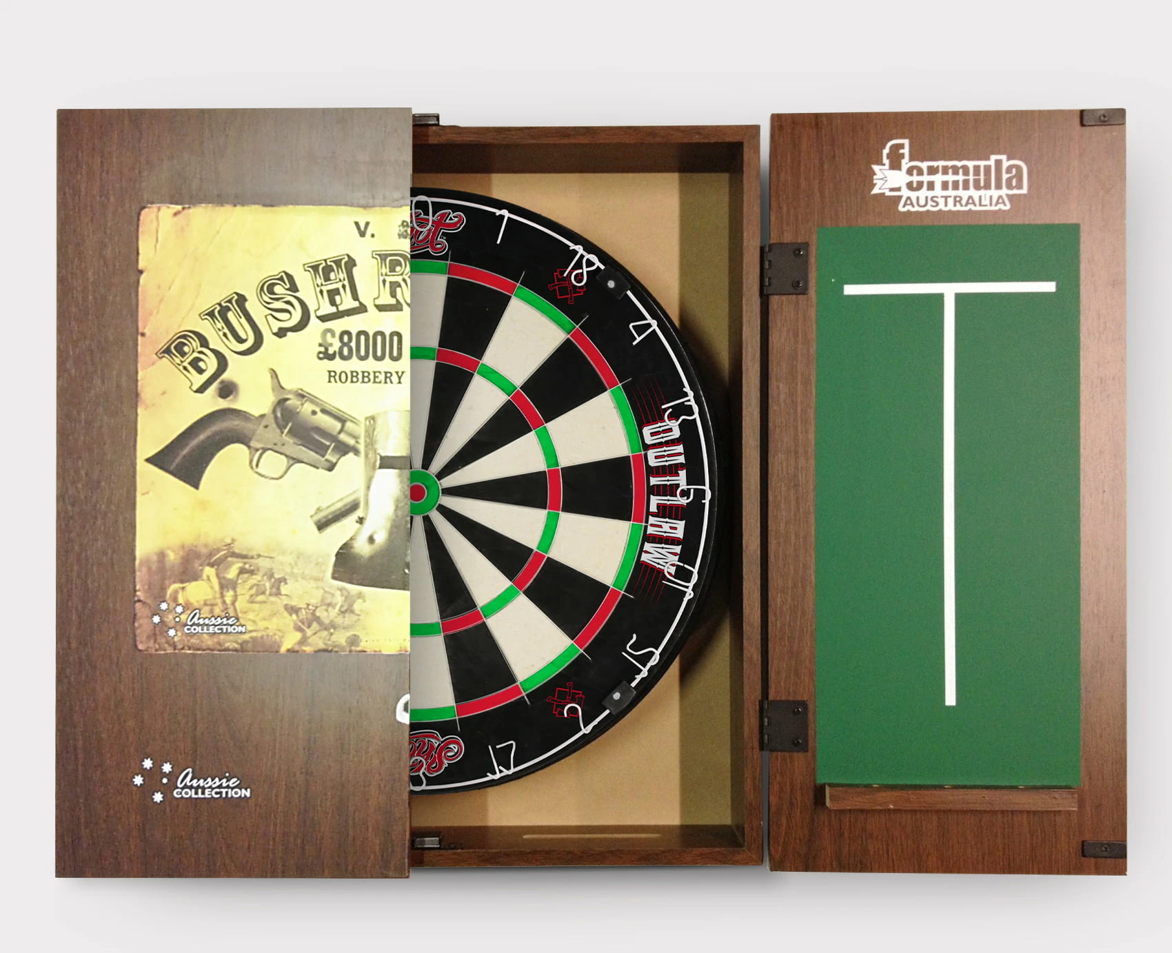 SHOT DARTS Outlaw Bristle Dartboard + Ned Kelly Bush Ranger Cabinet + Darts