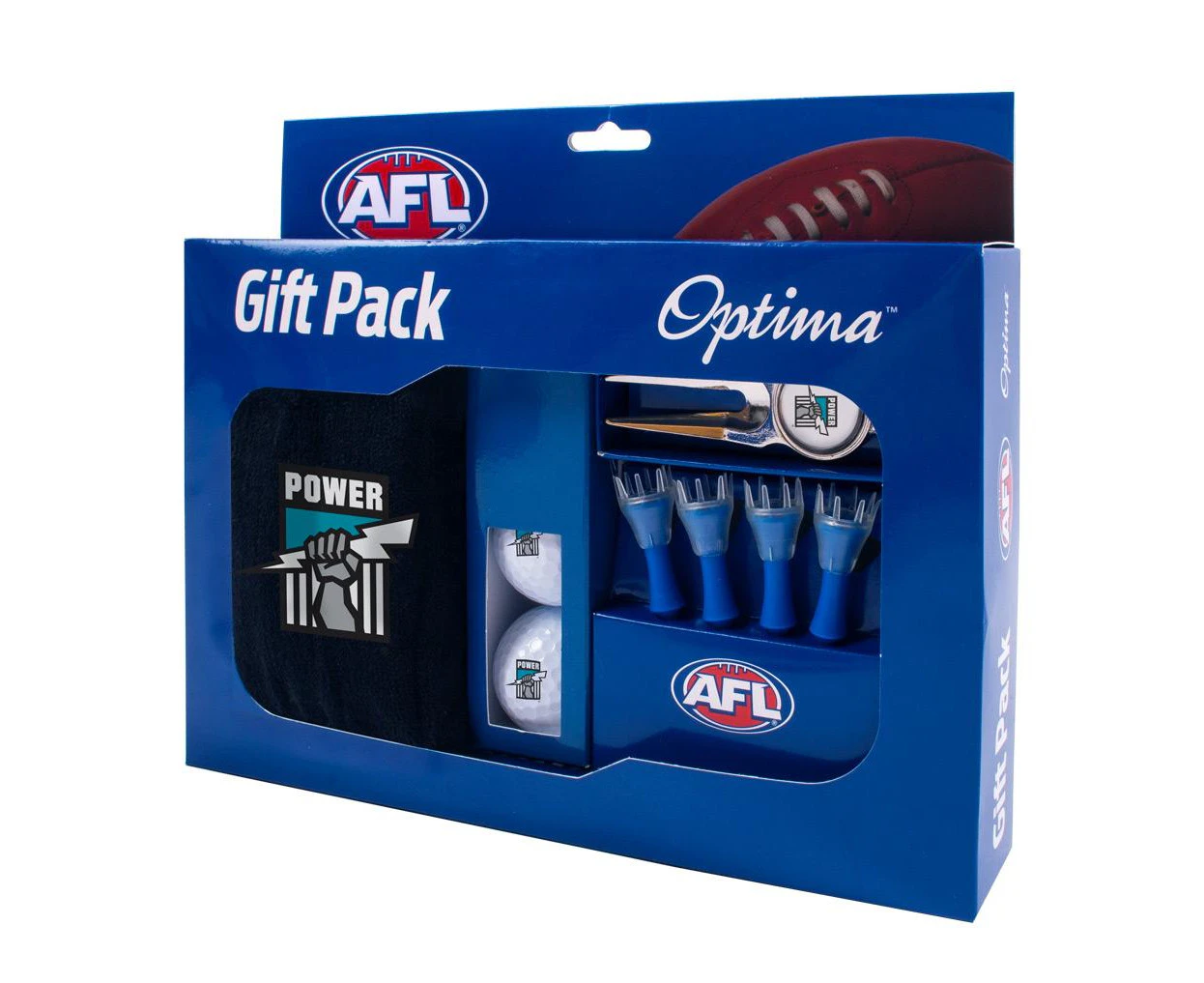 Adelaide Port Power AFL Optima Golf Balls Tees Towel Divot Tool Gift Pack