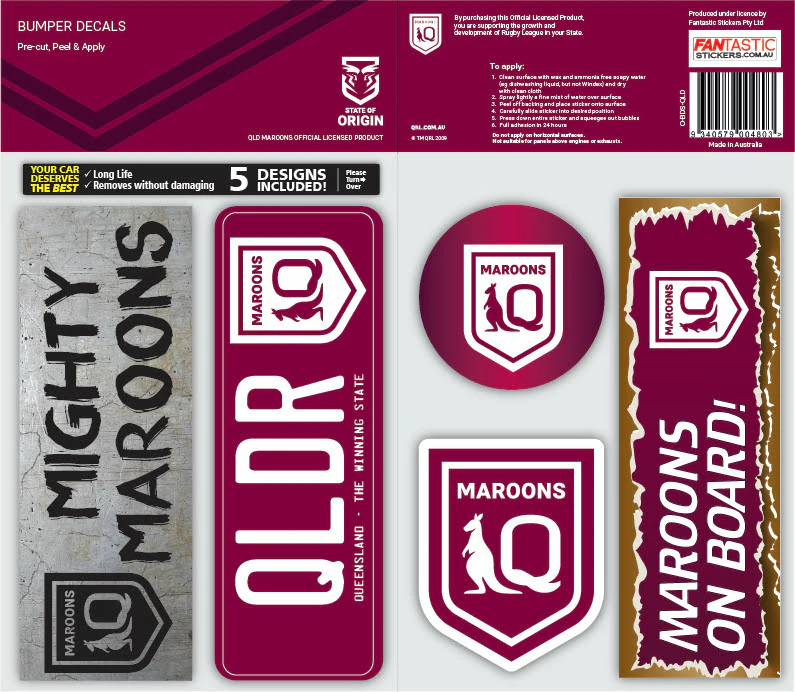 NRL Bumper Decal Sheet Set - QLD Maroons - Team Logo Sticker - 170mm