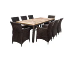 Outdoor Sahara 8 Seater Rectangle Teak Top Dining Table With Chairs In Half Round Wicker - Outdoor Wicker Dining Settings - Brushed Grey w/ Denim Cushions