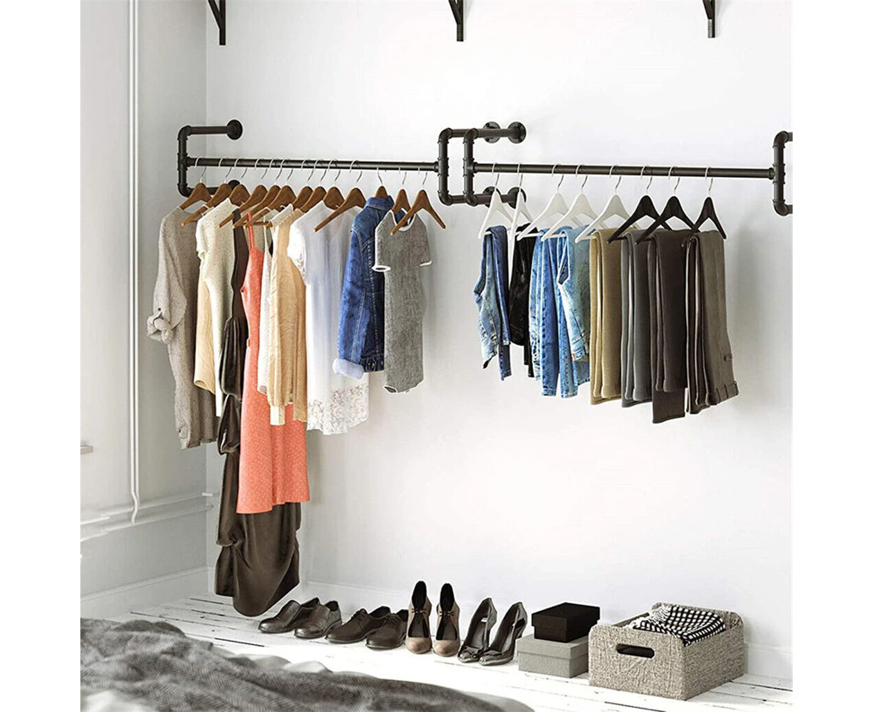 Clothes Rack Industrial Pipe Wall Mount Garment Rack Hanging Rod Closet Storage