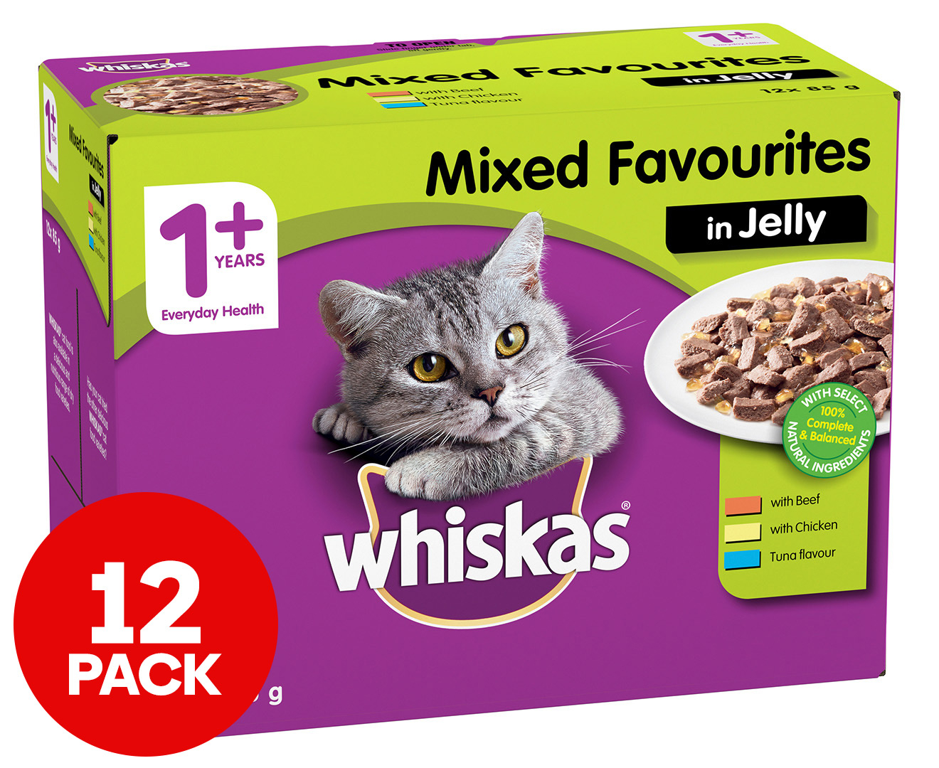 12 x Whiskas Adult Wet Cat Food Mixed Favourites In Jelly 85g